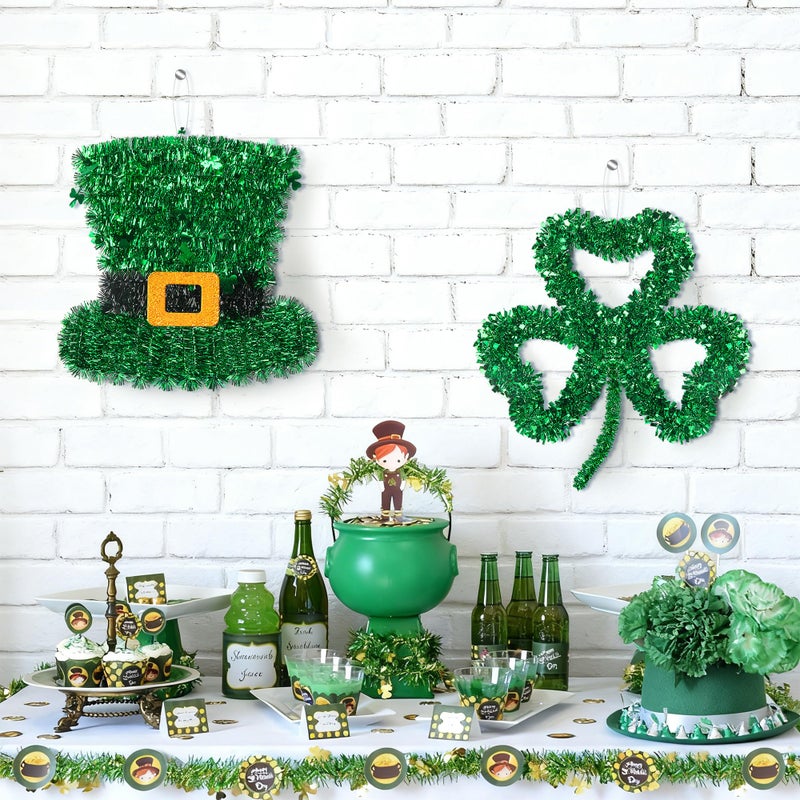 Iceyyyy 4 Pcs St. Patrick's Day Tinsel Wreath, 11 Inch Tinsel Shamrock and Hat Hanging Decoration, Green Tinsels Garland Set for Irish Saint Patrick's Party Home Wall Decoration - Image 4