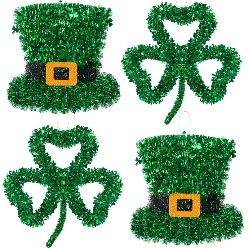 Iceyyyy 4 Pcs St. Patrick's Day Tinsel Wreath, 11 Inch Tinsel Shamrock and Hat Hanging Decoration, Green Tinsels Garland Set for Irish Saint Patrick's Party Home Wall Decoration - Image 1