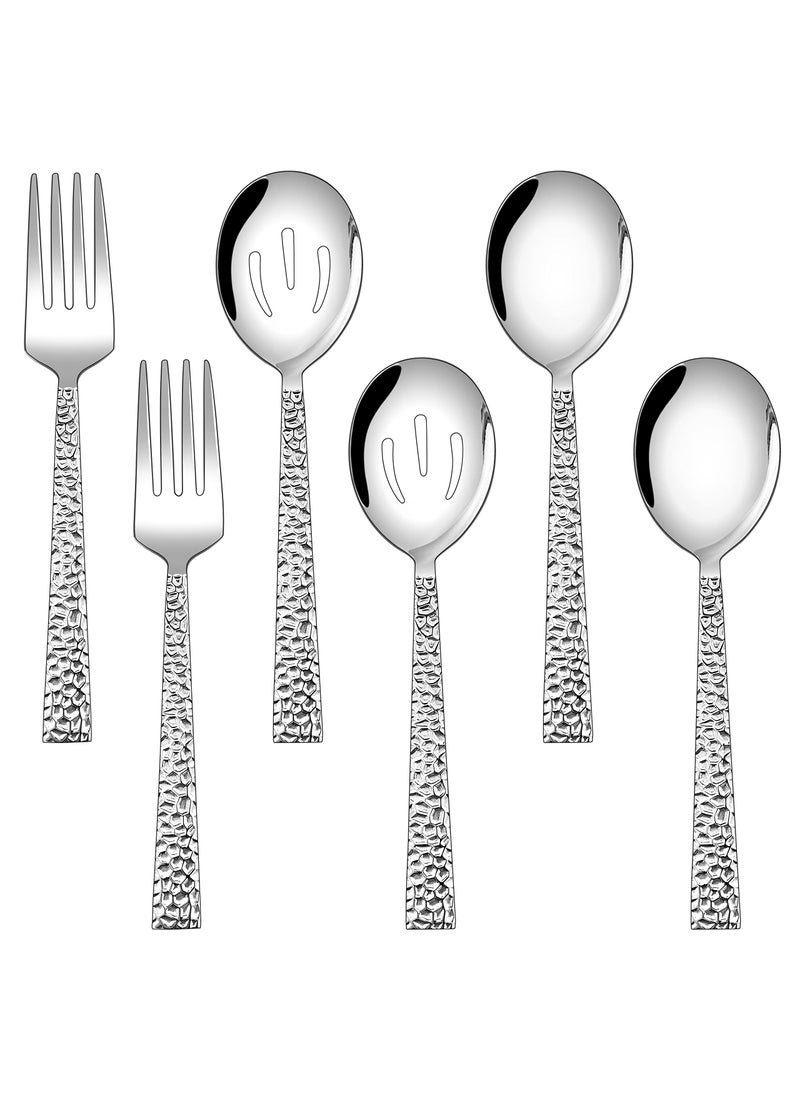 E-far Efar Hammered Serving Utensils Set of 6 Stainless Steel 87 Inch Square Hostess Serving Set Metal Serving Spoon Slotted Spoons Forks for Party Buffet Catering Mirror Finished  Dishwasher Safe 