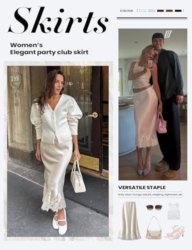 Yimoon Lace Trim Satin Midi Skirt for Women Elegant Elastic Waistband Cocktail Party Flowy A Line Silk Skirt (Beige-M) - Image 3