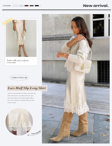 Yimoon Lace Trim Satin Midi Skirt for Women Elegant Elastic Waistband Cocktail Party Flowy A Line Silk Skirt (Beige-M) - Image 5