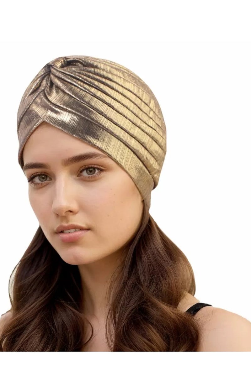 Female Turbo Headscarf Soft Turbo Head Wrap Clip Cap Metallic Color arabic indian hat - Image 1