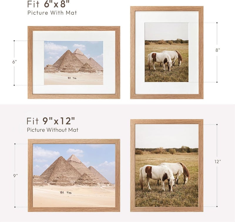 wallwisy 9x12 Wood Frame, Solid Oak 9x12 Picture Frame with Mat to 6x8, Natural Oak 12x9 Frames, Set of 3 - Image 3