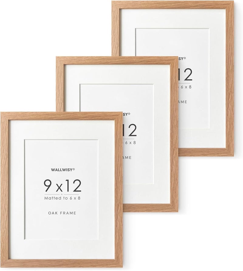 wallwisy 9x12 Wood Frame, Solid Oak 9x12 Picture Frame with Mat to 6x8, Natural Oak 12x9 Frames, Set of 3 - Image 1