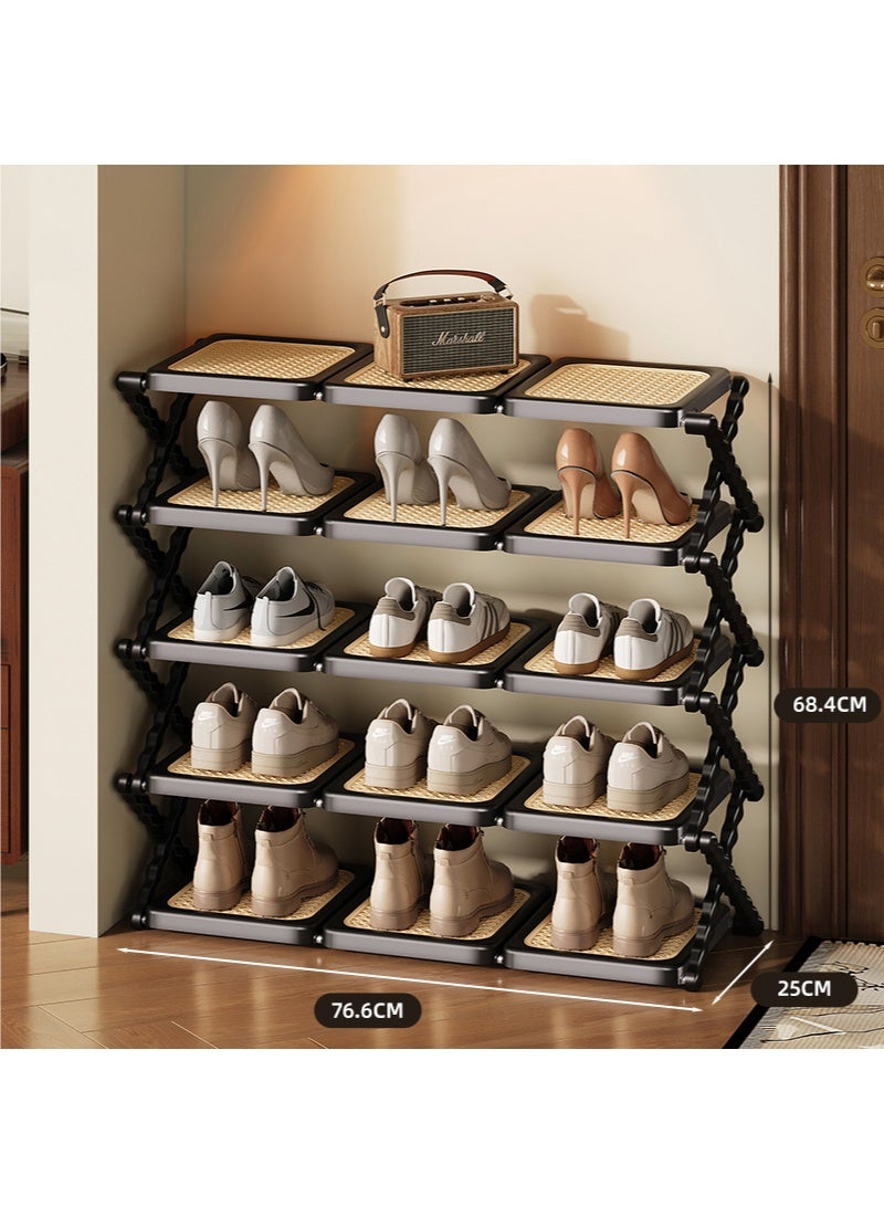 WALALLA Rattan Weave Design Three Plates 5 Layers Shoe Rack Foldable Shoes Organizer Free Standing Shelf for Entryway Closet Bedroom Hallway Natural Functional Multifunctional Shoe Rack - Image 2