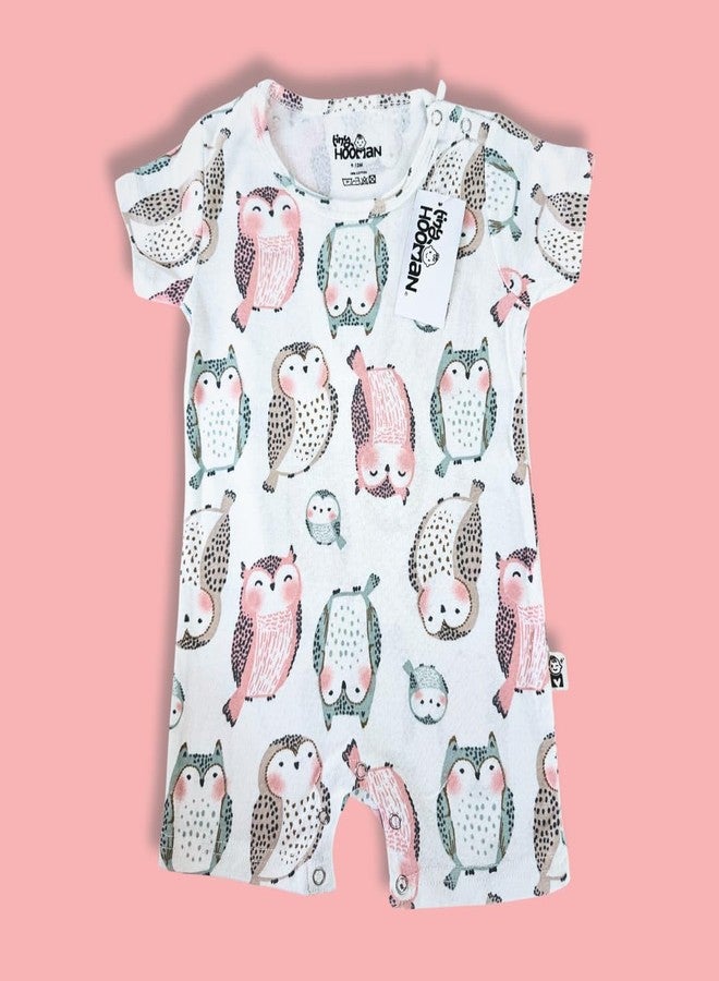Tiny Hooman Baby Romper, Owl Print Pattern, Short Sleeve Cotton Onesie, White - Image 2