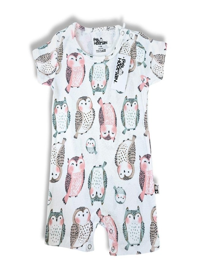 Tiny Hooman Baby Romper, Owl Print Pattern, Short Sleeve Cotton Onesie, White - Image 1