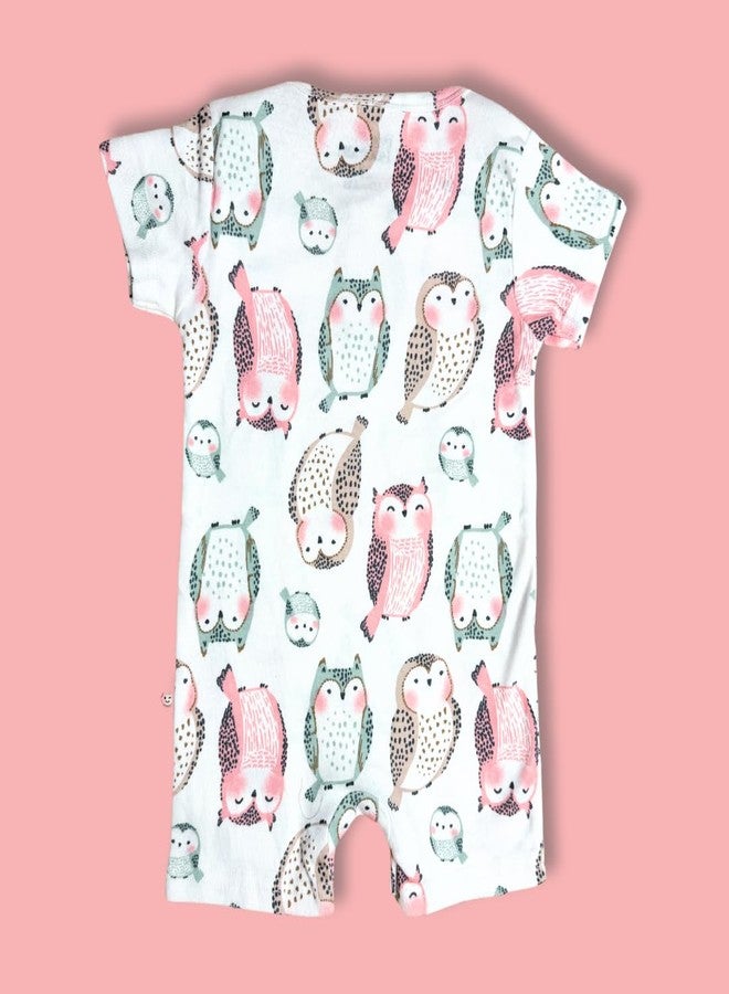 Tiny Hooman Baby Romper, Owl Print Pattern, Short Sleeve Cotton Onesie, White - Image 3