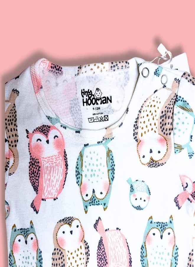 Tiny Hooman Baby Romper, Owl Print Pattern, Short Sleeve Cotton Onesie, White - Image 4