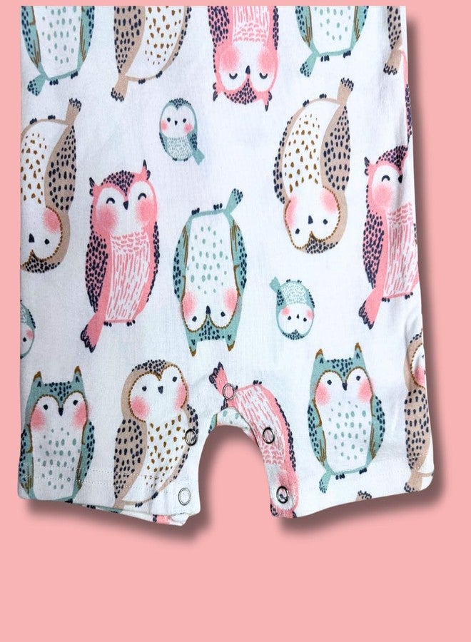 Tiny Hooman Baby Romper, Owl Print Pattern, Short Sleeve Cotton Onesie, White - Image 5