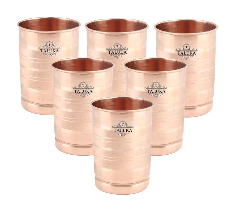 Taluka Pure Copper Glass Tumbler Set of 6 300 ML for Storage and Drinking Purpose for Ayurveda Good Health Benefits 3 x 4 inches Hotel Restaurant Home Drinkware Glass - Image 1