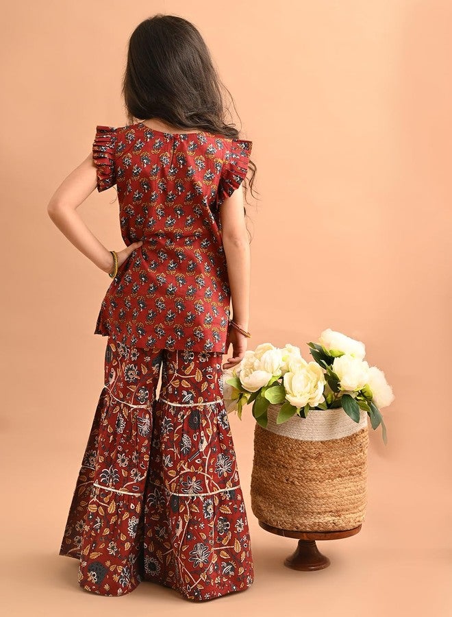 LILPICKS طقم شراة كورتا مستقيم مزين بنقوش عرقية مع شرابات للفتيات (مارون متعدد) (8-9 سنوات) - Image 5