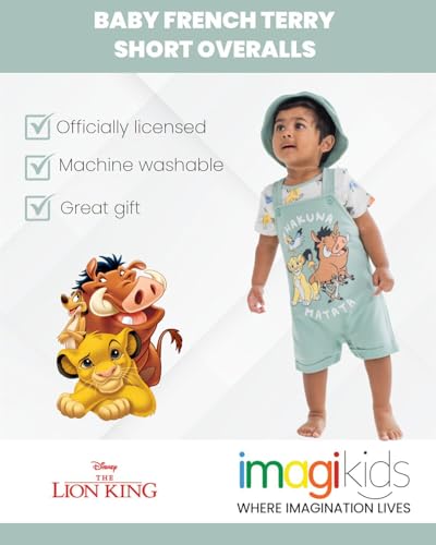 Disney Lion King Simba Timon Pumbaa Newborn Baby Boys French Terry Short Overalls T-Shirt & Hat 3 Piece Outfit 6-9 Months - Image 3