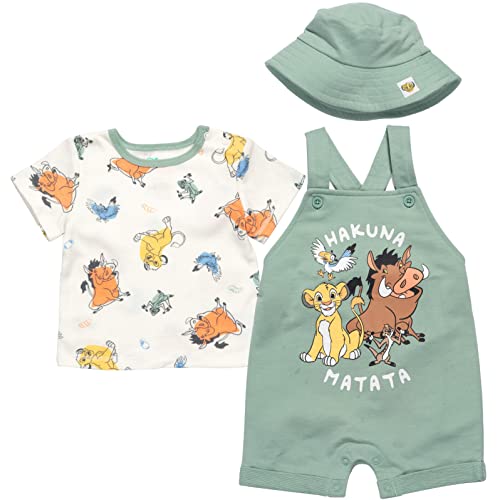 Disney Lion King Simba Timon Pumbaa Newborn Baby Boys French Terry Short Overalls T-Shirt & Hat 3 Piece Outfit 6-9 Months - Image 1