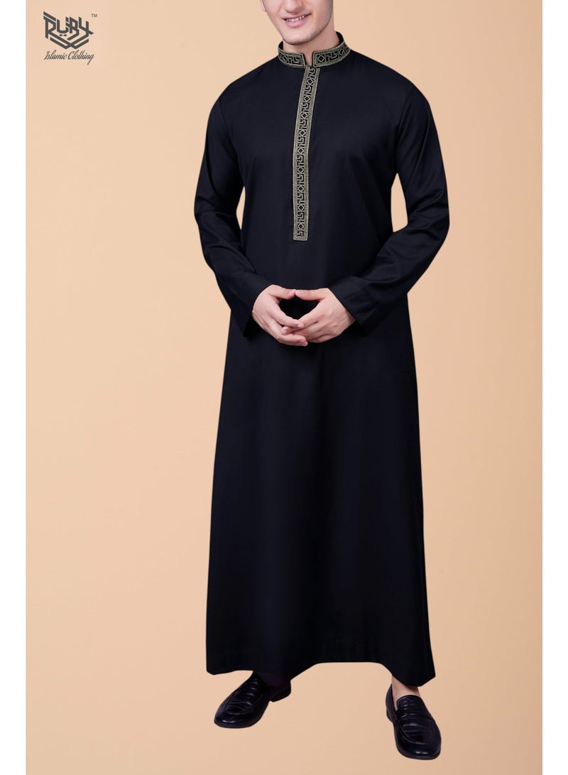 روبي للملابس الإسلامية ثوب رجالي سعودي عربي، جبة، دشداشة، رداء طويل الأكمام، كندورة، عباية، قفطان، ملابس رمضانية من الشرق الأوسط (أسود) - Image 1