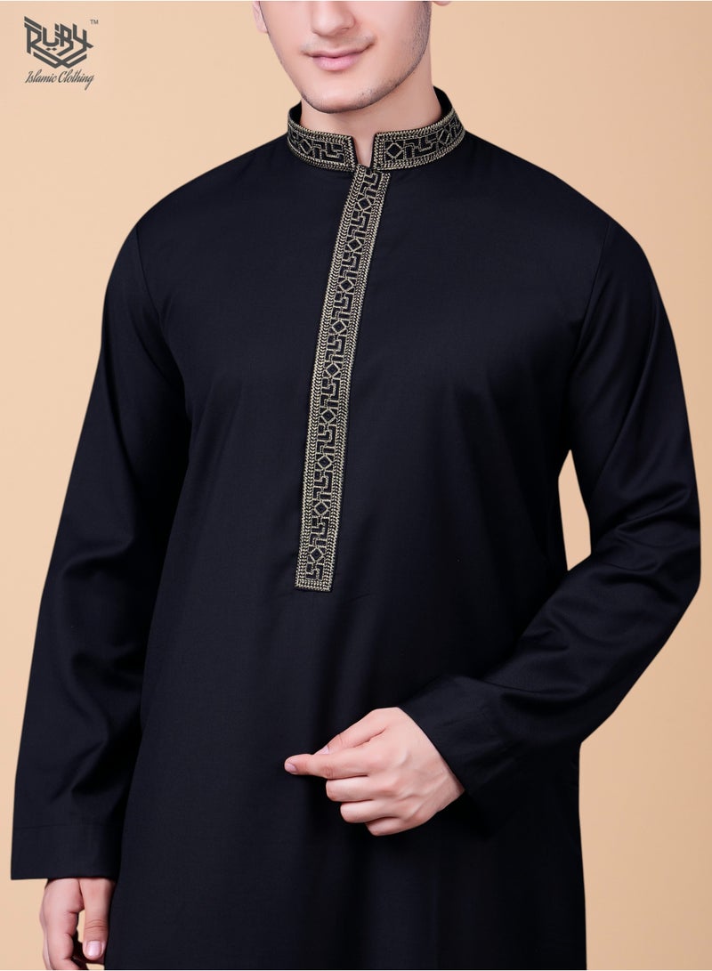 روبي للملابس الإسلامية ثوب رجالي سعودي عربي، جبة، دشداشة، رداء طويل الأكمام، كندورة، عباية، قفطان، ملابس رمضانية من الشرق الأوسط (أسود) - Image 2