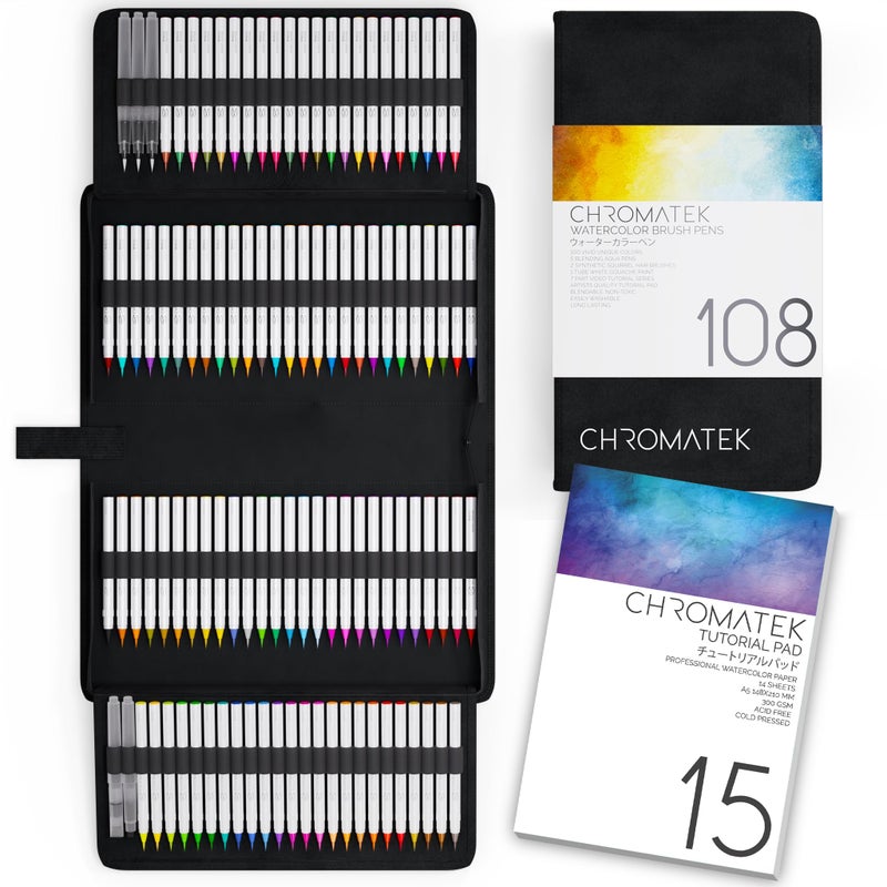 CHROMATEK 108 Watercolor Pens Set | Including 15 Page Pad & Online Video Tutorial Series | 5 Aquapens & 100 Unique Colors | Real Brush Pens | Easily Blendable, Vivid and Smooth - Image 1