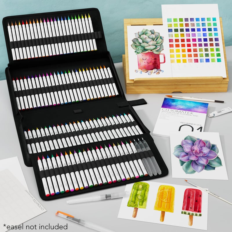 CHROMATEK 108 Watercolor Pens Set | Including 15 Page Pad & Online Video Tutorial Series | 5 Aquapens & 100 Unique Colors | Real Brush Pens | Easily Blendable, Vivid and Smooth - Image 2