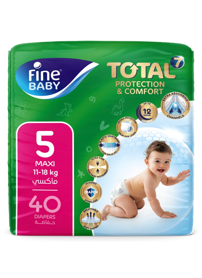 Fine Baby Total 7 Diapers, Size 5 Maxi 11-18kg, 40 Count. Superior Protection & Comfort, Extra Absorbent, Improved Formula - Image 1