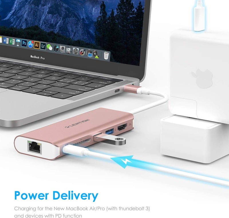 Lention محور USB C مع HDMI بدقة 4K، قارئ بطاقة SD، 2 USB 3.0، شحن Type C متوافق مع Ethernet لجهاز MacBook Pro 2025-2016، Mac Air/Surface/Steam Deck 2025-2018، المزيد، محول سائق مستقر (ذهبي وردي) - Image 2