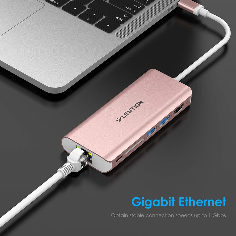 Lention محور USB C مع HDMI بدقة 4K، قارئ بطاقة SD، 2 USB 3.0، شحن Type C متوافق مع Ethernet لجهاز MacBook Pro 2025-2016، Mac Air/Surface/Steam Deck 2025-2018، المزيد، محول سائق مستقر (ذهبي وردي) - Image 5