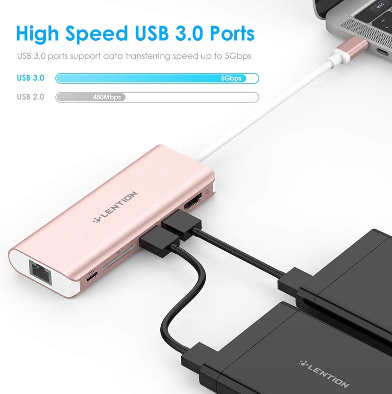 Lention محور USB C مع HDMI بدقة 4K، قارئ بطاقة SD، 2 USB 3.0، شحن Type C متوافق مع Ethernet لجهاز MacBook Pro 2025-2016، Mac Air/Surface/Steam Deck 2025-2018، المزيد، محول سائق مستقر (ذهبي وردي) - Image 4