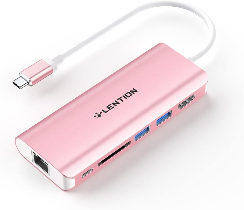 Lention محور USB C مع HDMI بدقة 4K، قارئ بطاقة SD، 2 USB 3.0، شحن Type C متوافق مع Ethernet لجهاز MacBook Pro 2025-2016، Mac Air/Surface/Steam Deck 2025-2018، المزيد، محول سائق مستقر (ذهبي وردي) - Image 1