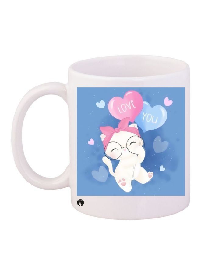 RYN Spectacled Cat Printed Coffee Mug White/Blue/Pink 11ounce