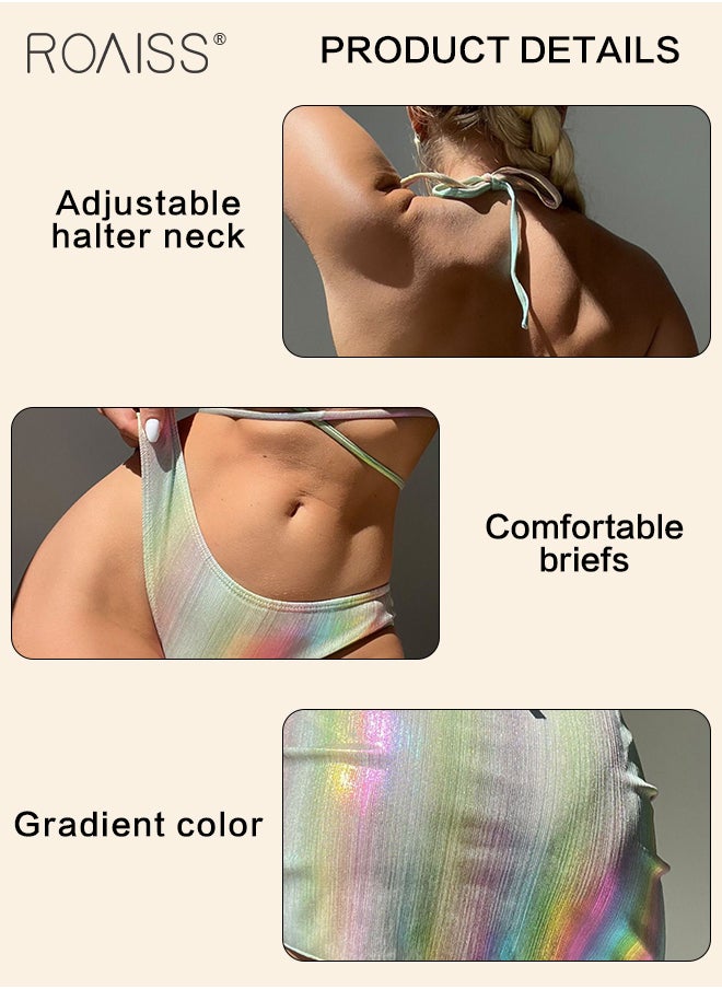 roaiss 3-Piece Gradient Swimsuit Set Women'S Outdoor Beach Resort Swimsuit Adjustable Halter Top And High Waist Briefs And Button-Down Skirt  - Image 2