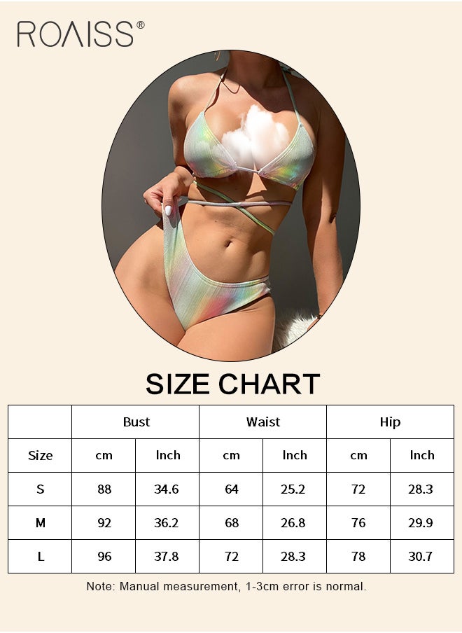 roaiss 3-Piece Gradient Swimsuit Set Women'S Outdoor Beach Resort Swimsuit Adjustable Halter Top And High Waist Briefs And Button-Down Skirt  - Image 3