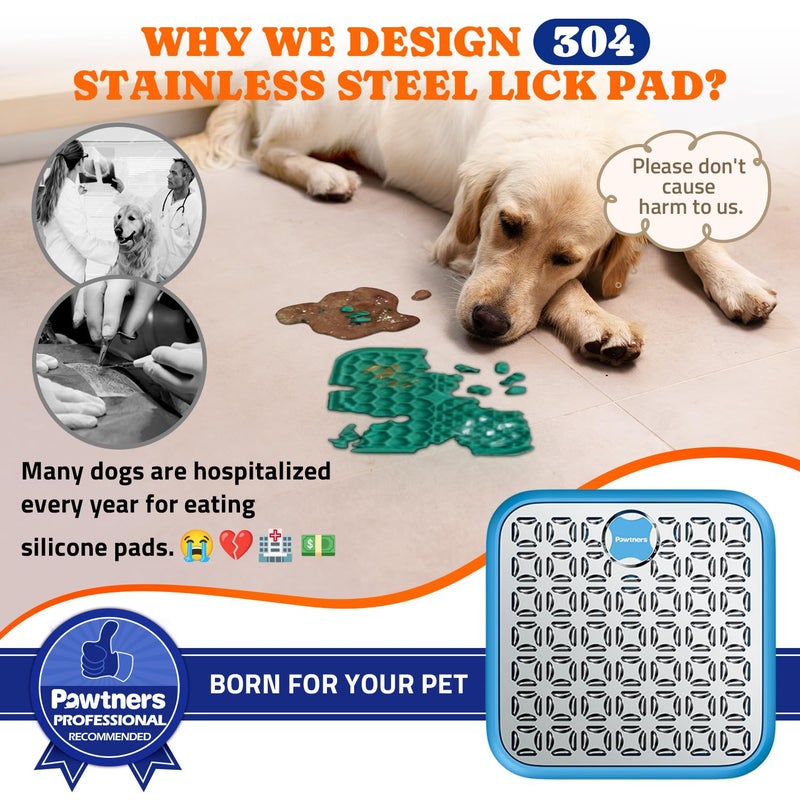 Pawtners Lick Mat for Dogs & Cats, Stainless Steel Pet Slow Feeder for Crate Boredom & Anxiety Reduce, Cat Licking Pads with Spatula & Scrubbing Brush, Blue - Image 3