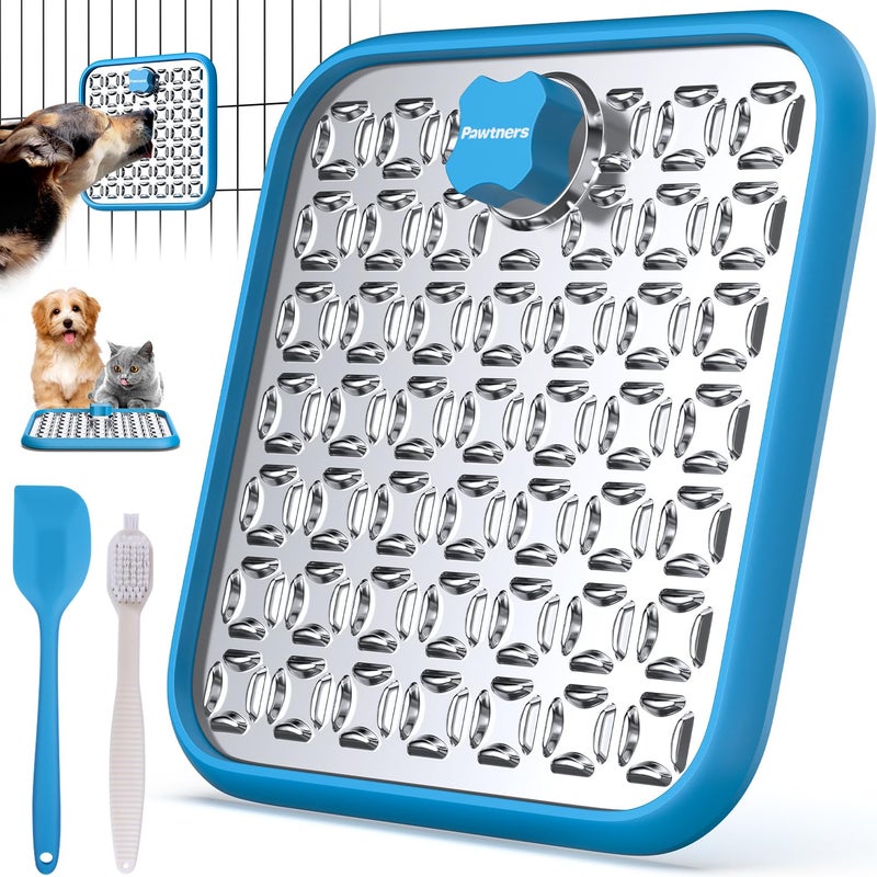 Pawtners Lick Mat for Dogs & Cats, Stainless Steel Pet Slow Feeder for Crate Boredom & Anxiety Reduce, Cat Licking Pads with Spatula & Scrubbing Brush, Blue - Image 1