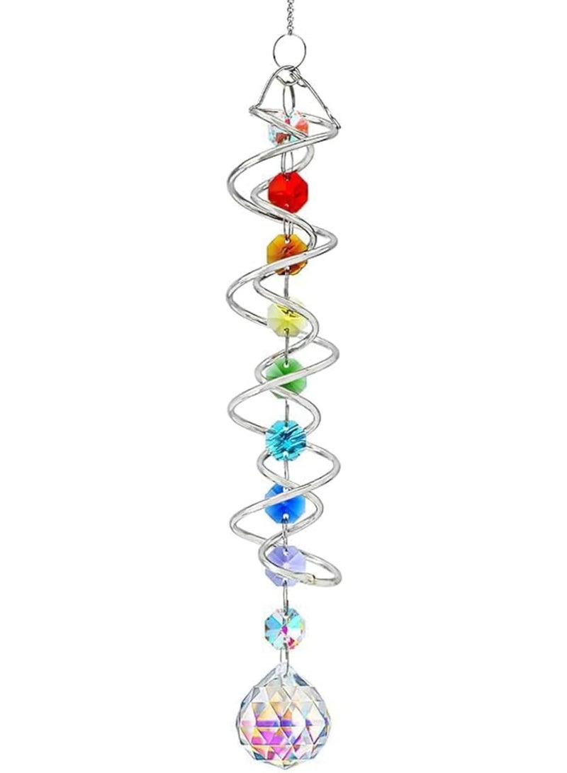 Cobest Suncatcher Wind Spinner Gazing Ball Spiral Tail, Garden Suncatcher Crystal Pendant, Round Shaped Glass Prisms Beads Chain with Seven Chakra Beads, Suncatchers for Windows Hanging for Home Garden - Image 1