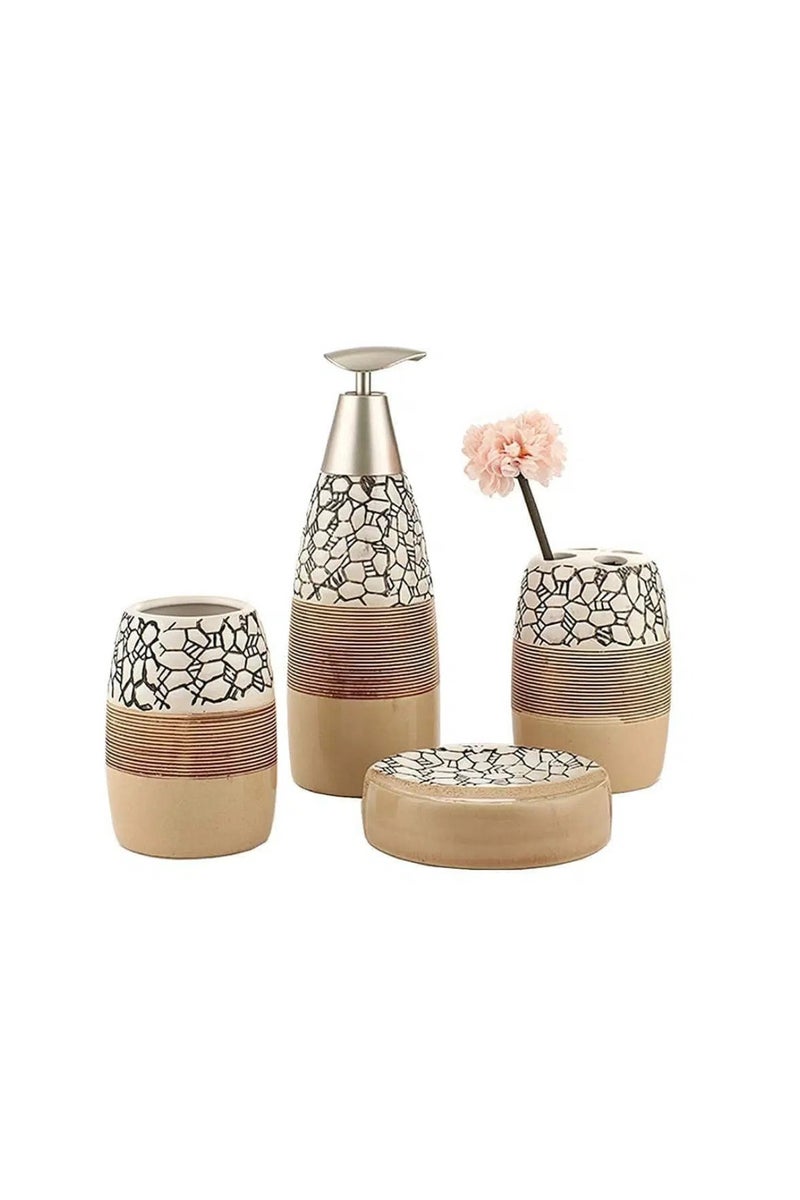 Porcelain Bathroom accessory Set 4-Piece: Soap Dispenser, Tumbler, Toothbrush Holder, Soap Dish-Beige color - Image 1
