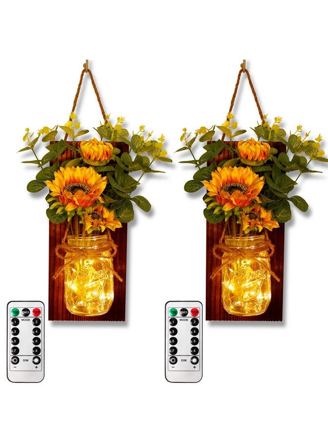 أور ورم مجموعة ديكورات الحائط من OurWarm Sunflower Mason Jar من قطعتين من الجرار المعلقة المصنوعة يدويًا مع أضواء LED خيالية للمطبخ وغرفة المعيشة والمنزل الريفي - Image 1