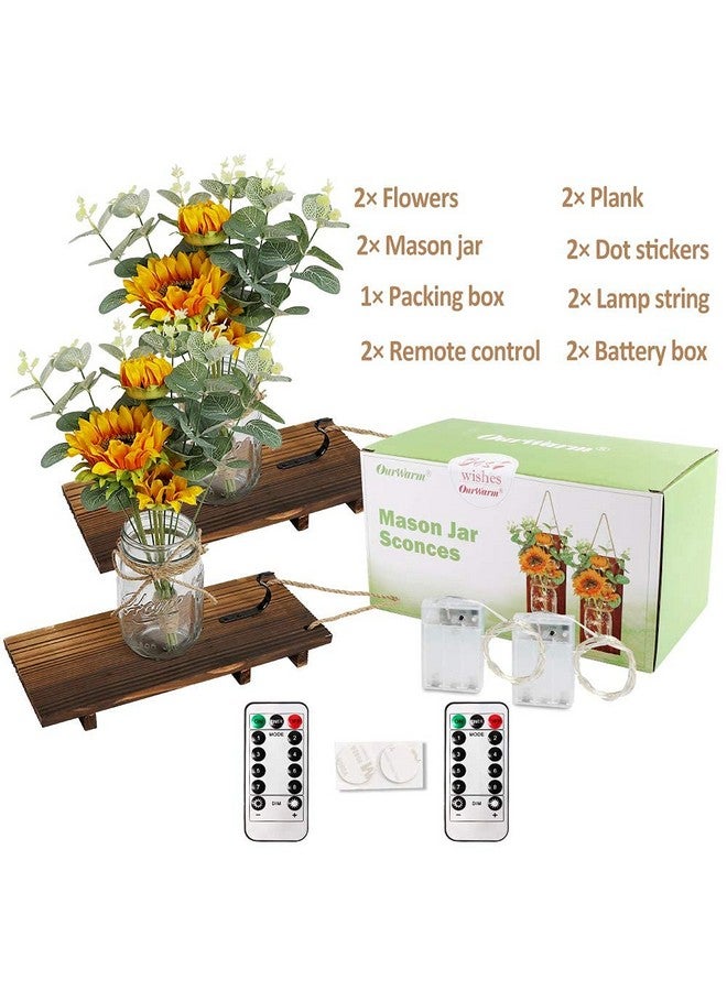أور ورم مجموعة ديكورات الحائط من OurWarm Sunflower Mason Jar من قطعتين من الجرار المعلقة المصنوعة يدويًا مع أضواء LED خيالية للمطبخ وغرفة المعيشة والمنزل الريفي - Image 4
