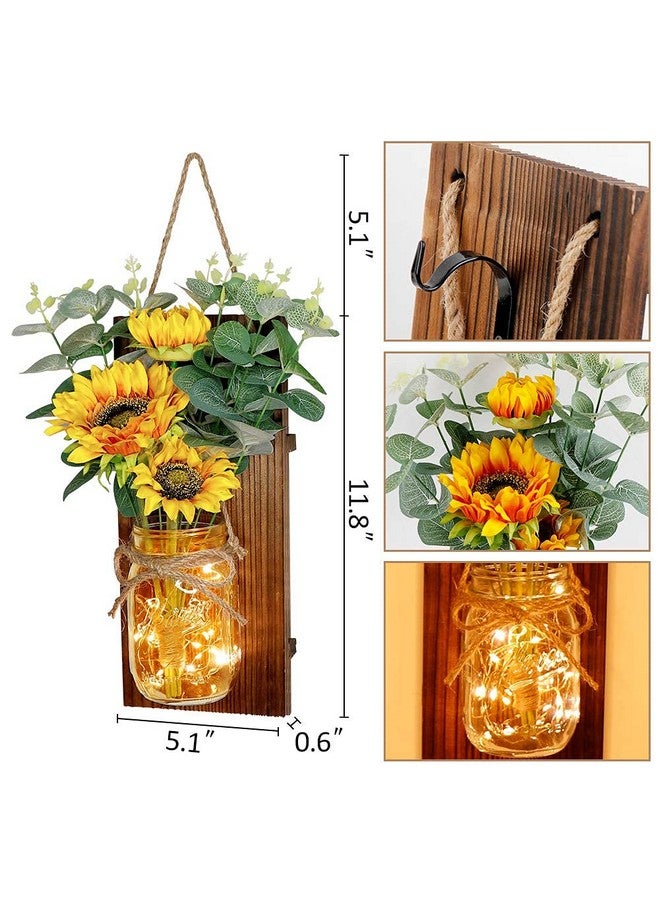 أور ورم مجموعة ديكورات الحائط من OurWarm Sunflower Mason Jar من قطعتين من الجرار المعلقة المصنوعة يدويًا مع أضواء LED خيالية للمطبخ وغرفة المعيشة والمنزل الريفي - Image 2