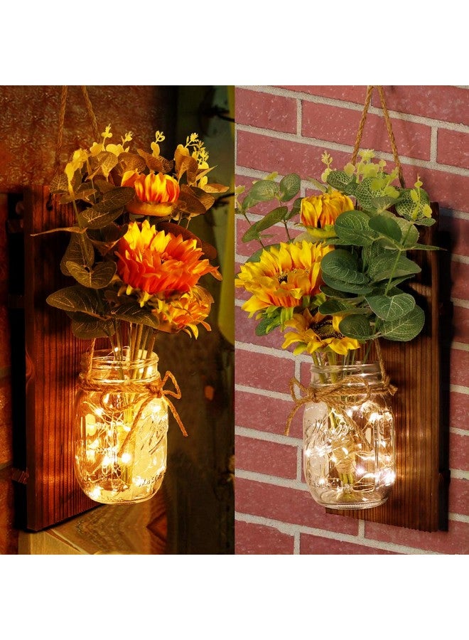 أور ورم مجموعة ديكورات الحائط من OurWarm Sunflower Mason Jar من قطعتين من الجرار المعلقة المصنوعة يدويًا مع أضواء LED خيالية للمطبخ وغرفة المعيشة والمنزل الريفي - Image 3