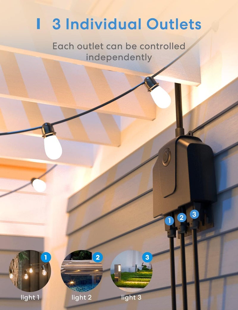 meross قابس ذكي خارجي، مخرج واي فاي خارجي مع 3 مقابس مستقلة متوافقة مع Apple Homekit و Alexa و SmartThings، تحكم صوتي و عن بُعد، مؤقت، 2.4 جيجاهرتز فقط، أسود - Image 3
