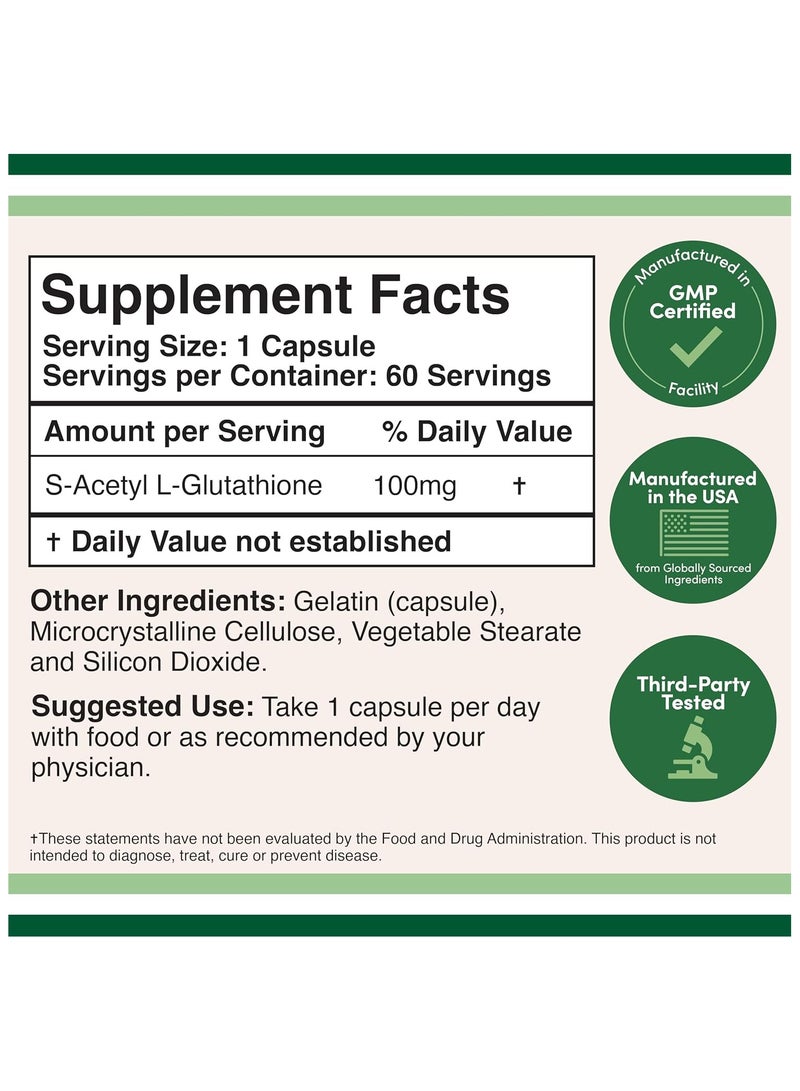 S-Acetyl L-Glutathione Capsules - 100mg, 60 Count (Acetylated Glutathione Antioxidant - More Absorbable Than Glutathione and Liposomal Glutathione, Non-GMO and Gluten Free) by Double Wood