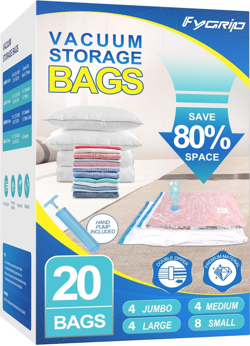 Fygrip 20 Pack Vacuum Storage Bags with Hand Pump, 4 Jumbo + 4 Large + 4 Medium + 8 Small Plastic Packaging Bags, 80% Space Saver Vacuum Seal Bags for Clothing, Travel Lugggage, Blankets, Comforters - Image 1