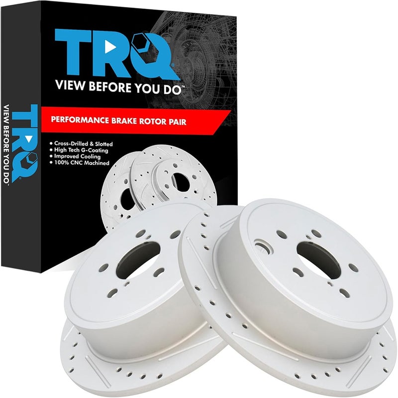 TRQ Rear Performance Brake Rotors Set Premium G-Coated Cross Drilled & Slotted Compatible with 2013-2015 Subaru BRZ 2009-2013 Forester 2008-2014 Impreza 2010-2014 Legacy Outback - Image 1