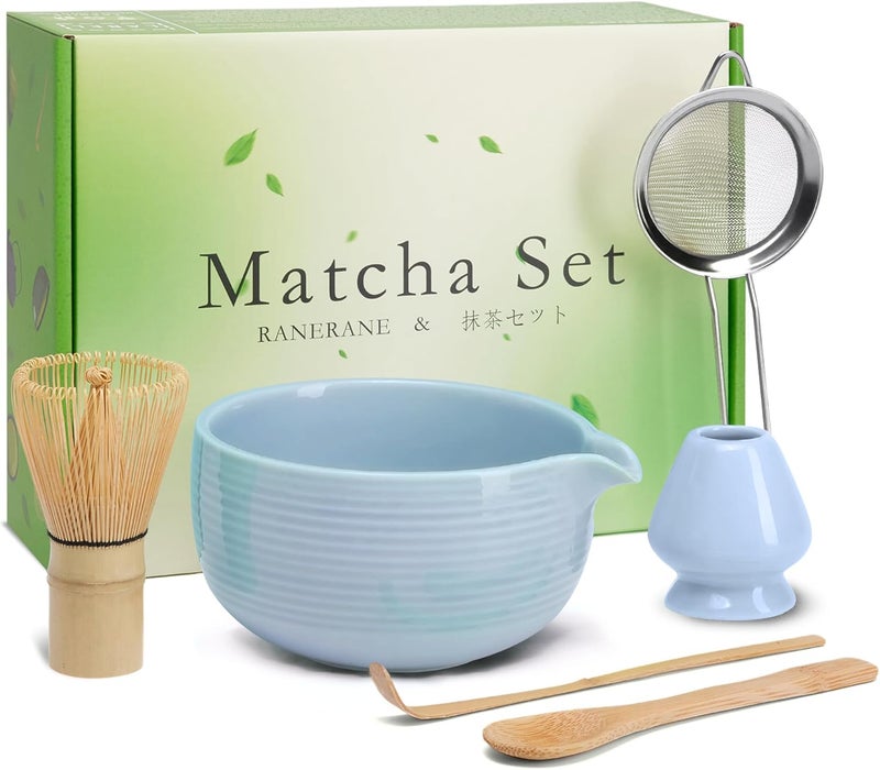 RANERANE Traditional Matcha Set, Line Blue Ceramic Matcha Bowl, Bamboo Whisk (Chasen), Sifter, Scoop & Spoon - 6 Pcs Matcha Kit - Image 1