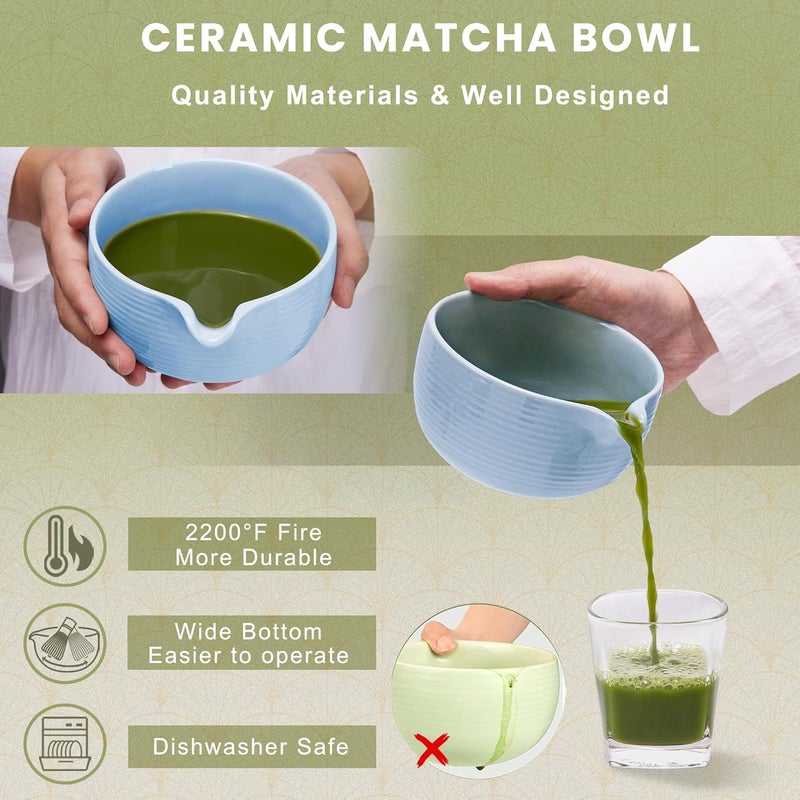 RANERANE Traditional Matcha Set, Line Blue Ceramic Matcha Bowl, Bamboo Whisk (Chasen), Sifter, Scoop & Spoon - 6 Pcs Matcha Kit - Image 3