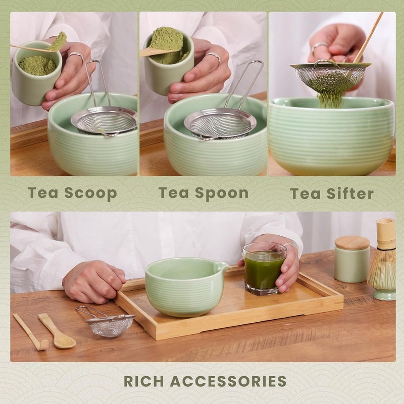 RANERANE Traditional Matcha Set, Line Blue Ceramic Matcha Bowl, Bamboo Whisk (Chasen), Sifter, Scoop & Spoon - 6 Pcs Matcha Kit - Image 5