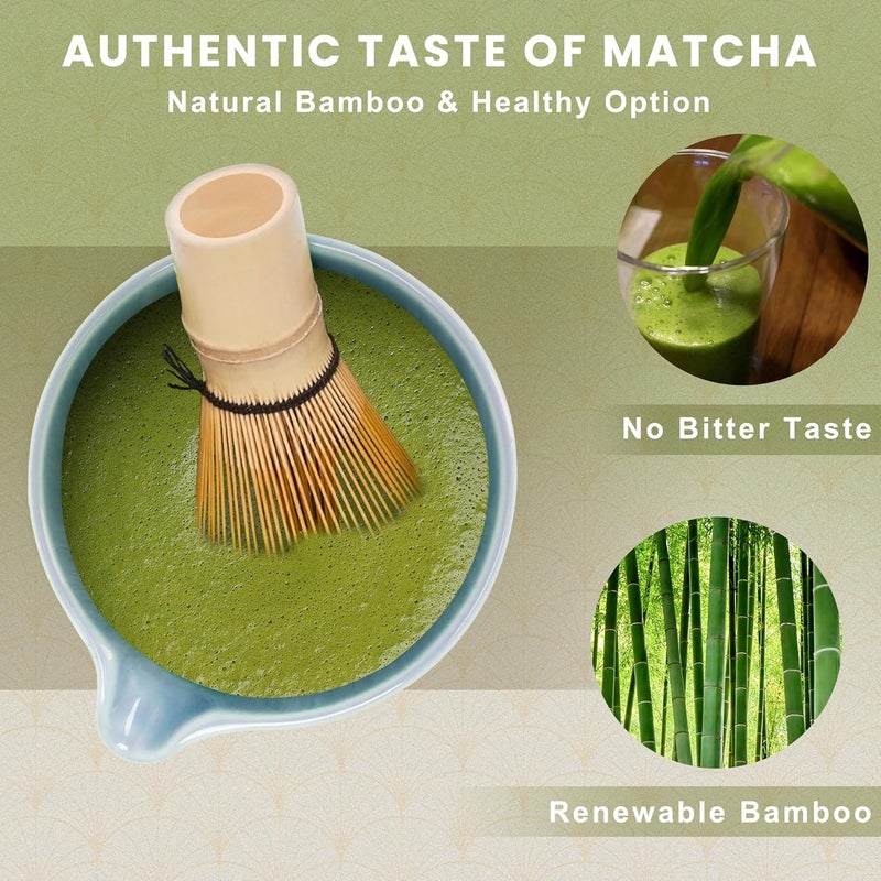 RANERANE Traditional Matcha Set, Line Blue Ceramic Matcha Bowl, Bamboo Whisk (Chasen), Sifter, Scoop & Spoon - 6 Pcs Matcha Kit - Image 2