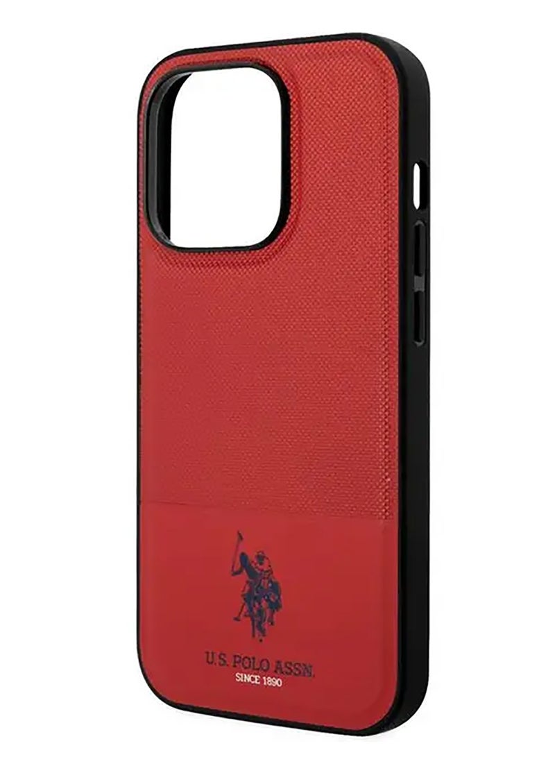 يو اس بولو حافظة جلد PU شبكية DH لهاتف ايفون 15 برو ماكس - أحمر - Image 4