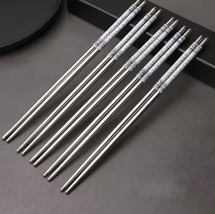 Flavoma 5 Pairs Reusable Classic Metal Steel Chopsticks Dishwasher Safe NonSlip Stainless Steel Chopsticks Lightweight Easy to Use Metal Chop Stick Utensils - Image 4
