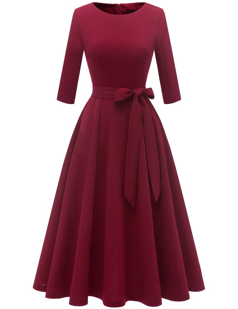 DRESSTELLS Christmas Holiday Party Dress for Women, Winter Wedding Guest Cocktail Formal Dresses 3/4 Long Sleeve Mother of Bride Bridesmaid Eveing Gown Gala Porm Tea Aline Swing, Burgundy L - Image 1