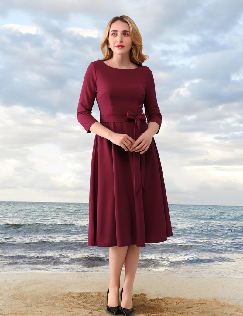 DRESSTELLS Christmas Holiday Party Dress for Women, Winter Wedding Guest Cocktail Formal Dresses 3/4 Long Sleeve Mother of Bride Bridesmaid Eveing Gown Gala Porm Tea Aline Swing, Burgundy L - Image 2
